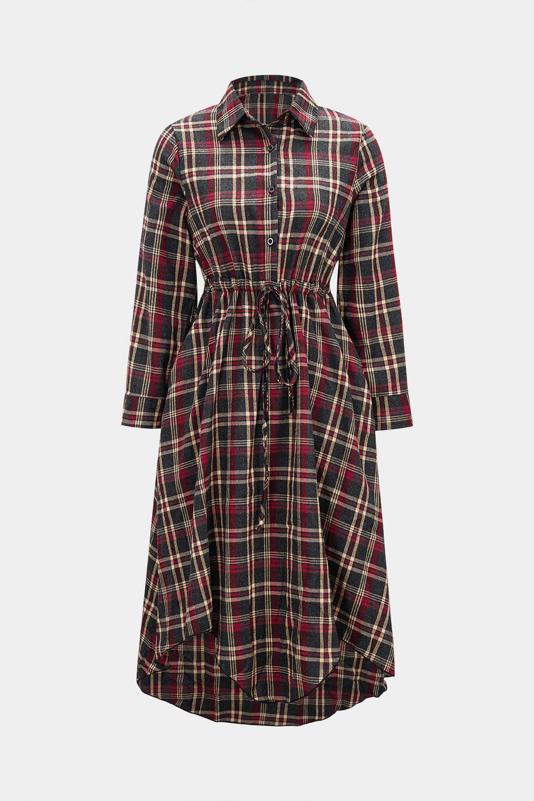 Plaid Print Button Drawstring Asymmetrical Long Sleeve Midi Dress - Weenar