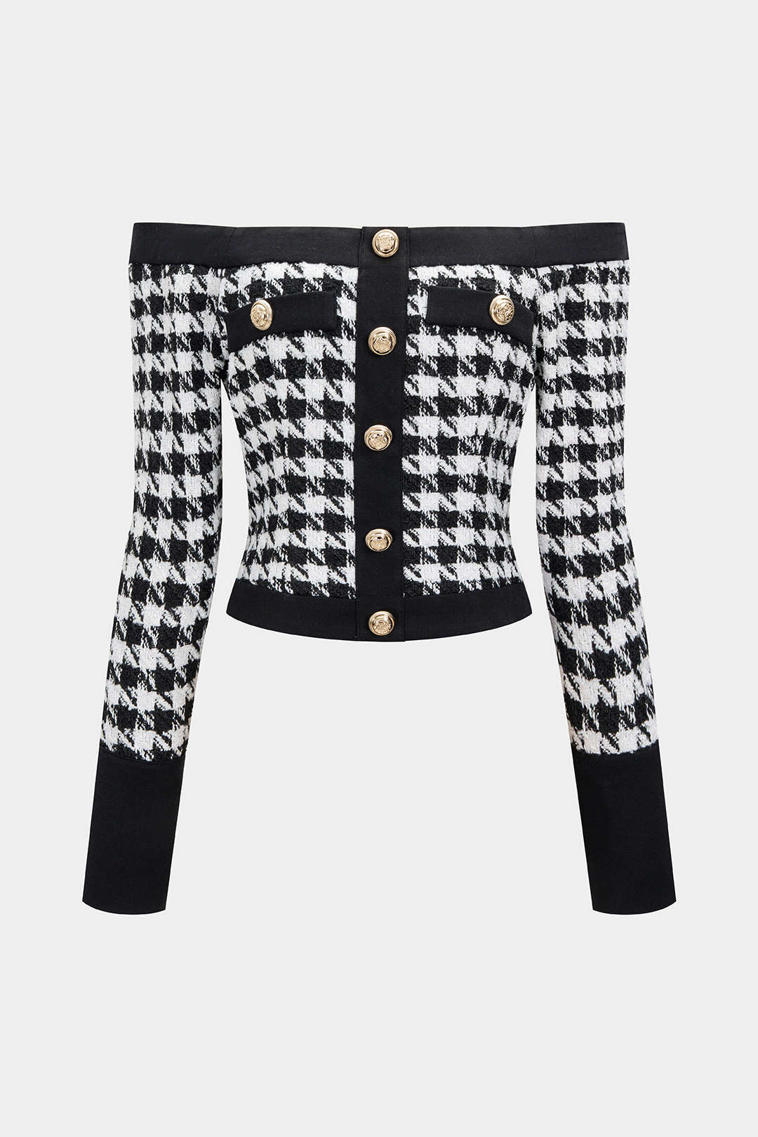 Houndstooth Print Off Shoulder Woolen Button Long-Sleeve Top - Weenar