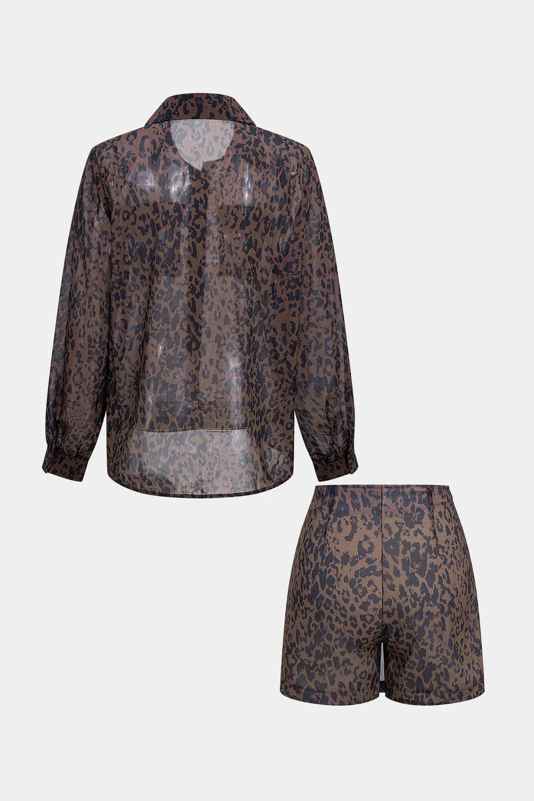 Chiffon Leopard Print Lapel Long Sleeve Shirt And High Waist Split Skirt Set - Weenar