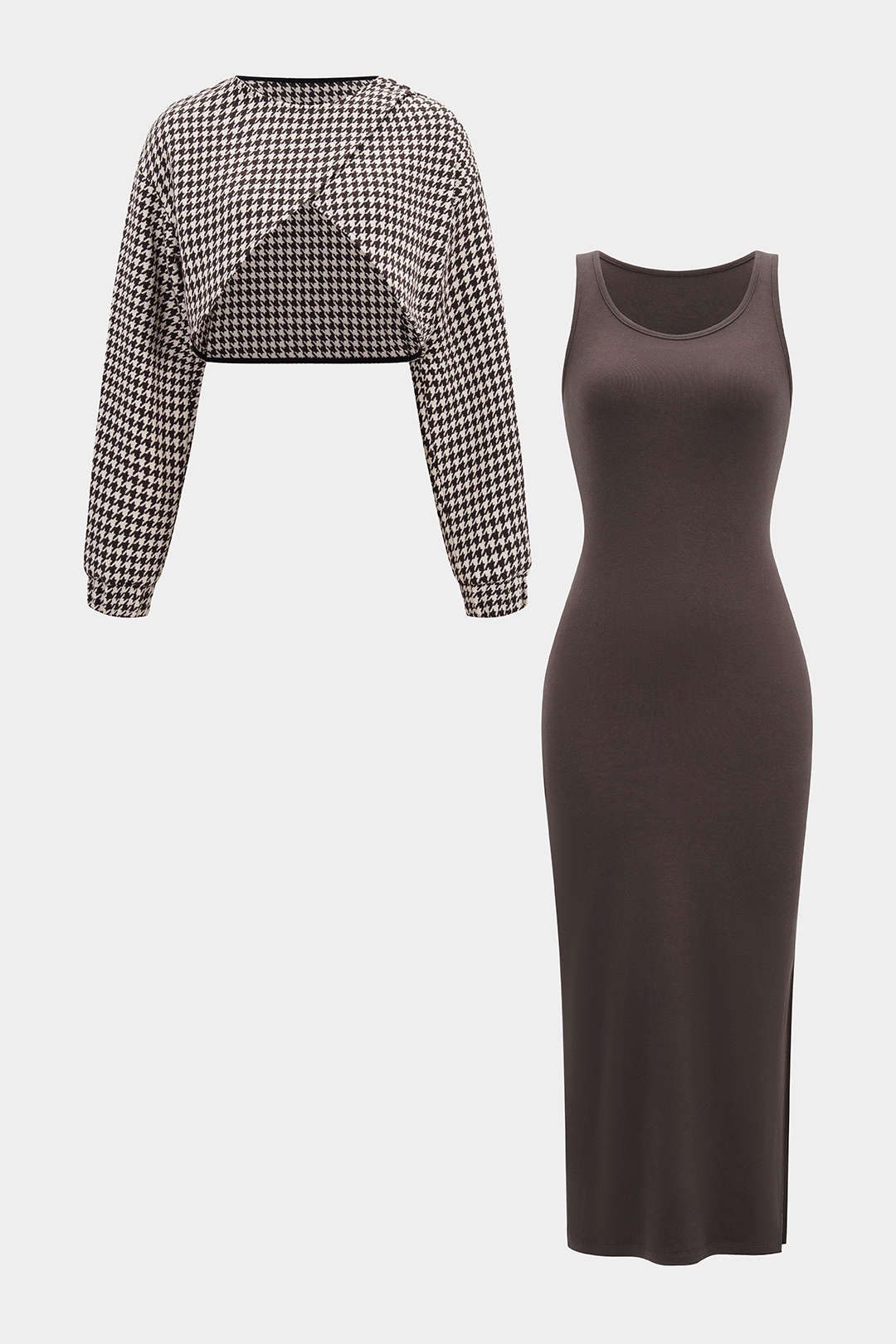 Asymmetrical Long Sleeve Top And Sleeveless Bodycon Dress Set - Weenar