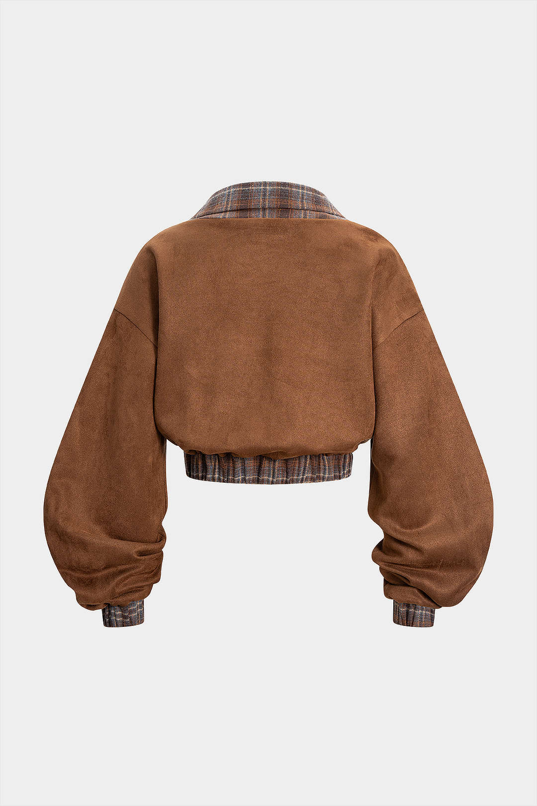 Plaid Print Suede Patchwork Button Shirred Waistband Sweatshirt - Weenar