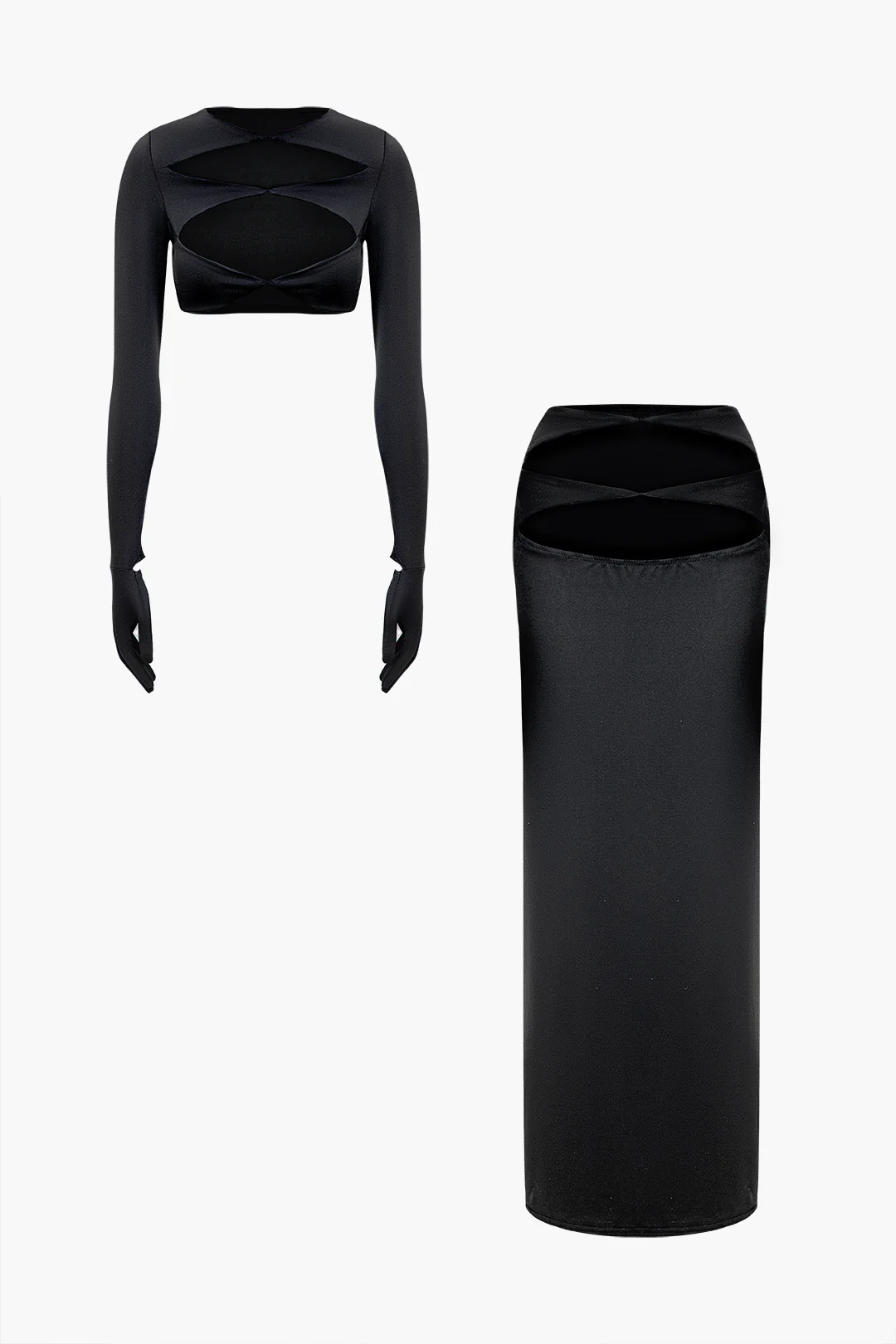 Solid Hollow-Out Long Sleeve Top And Skirt Set - Weenar