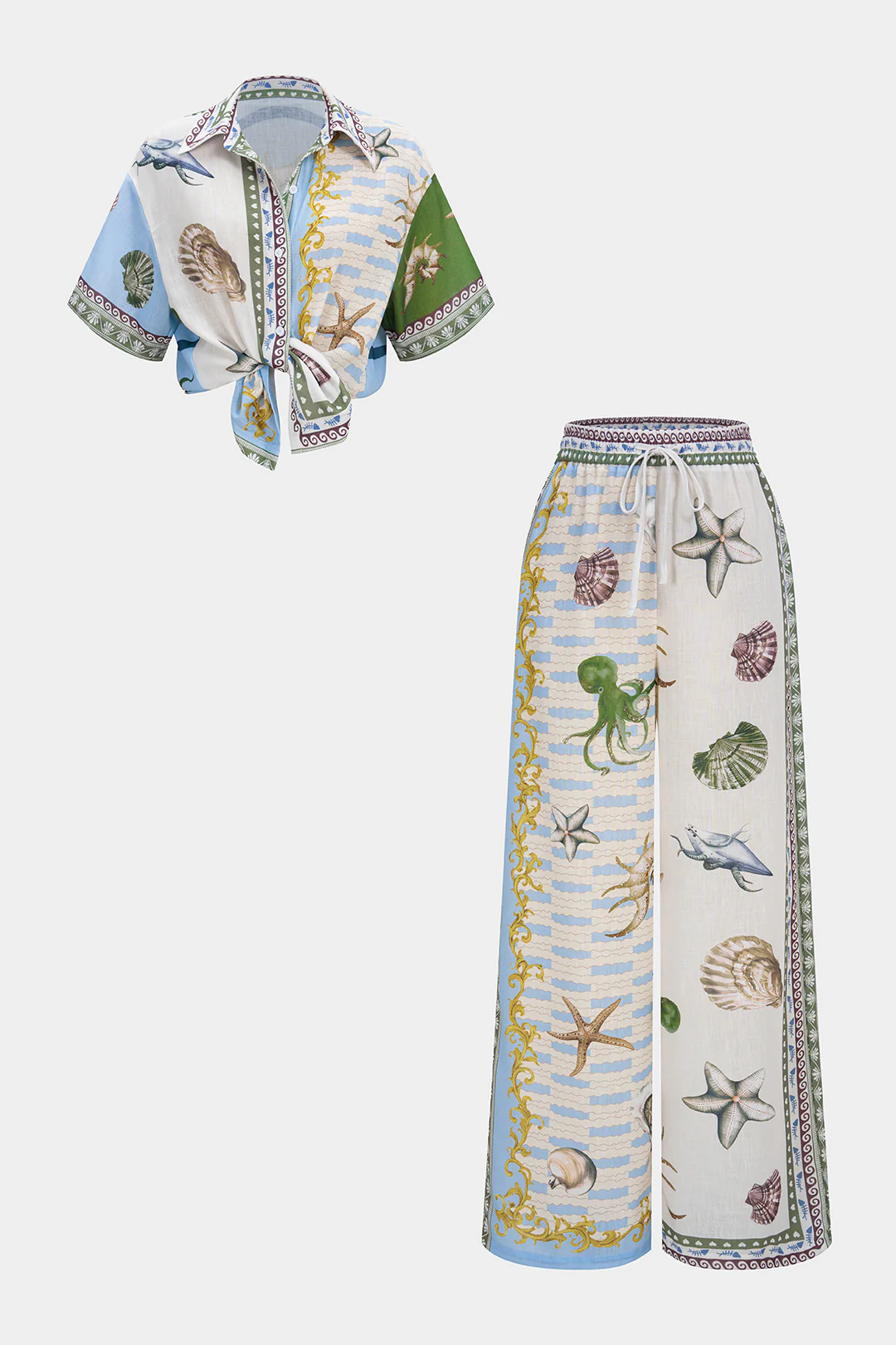 Ocean Print Satin Button Short Sleeve Shirt And Shirred Waistband Wide Leg Pants Set - Weenar