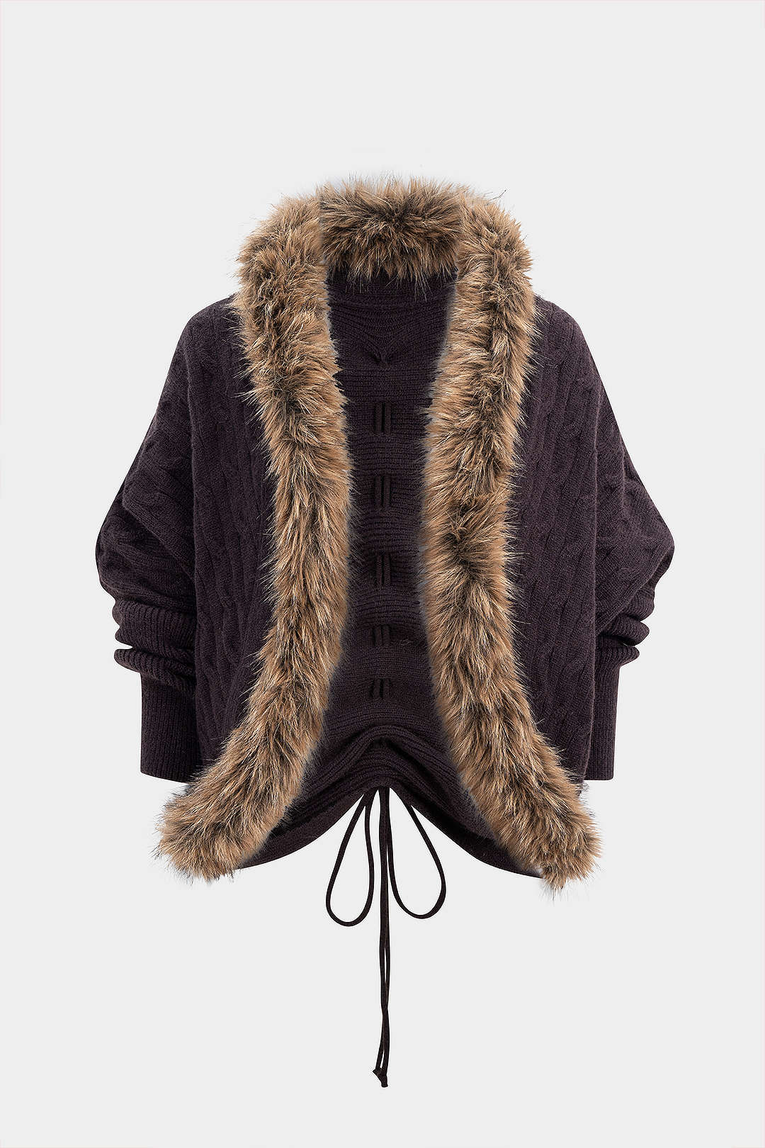 Fur Patchwork Drawstring Sweater Cardigan - Weenar