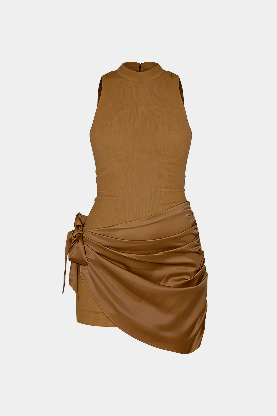 Plus Size Satin Patchwork Round Neck Ruched Tie-Up Sleeveless Mini Dress - Weenar