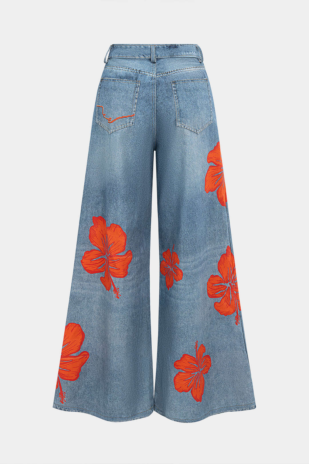 Denim Floral Print Wide Leg Jeans - Weenar