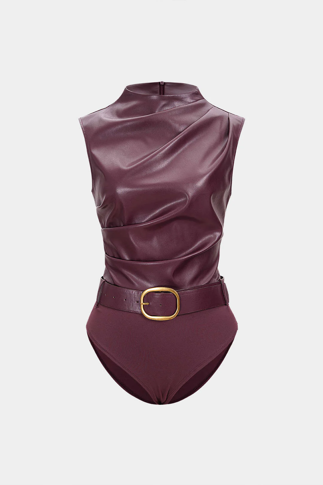 Faux Leather Patchwork Ruched Sleeveless Bodysuit - Weenar