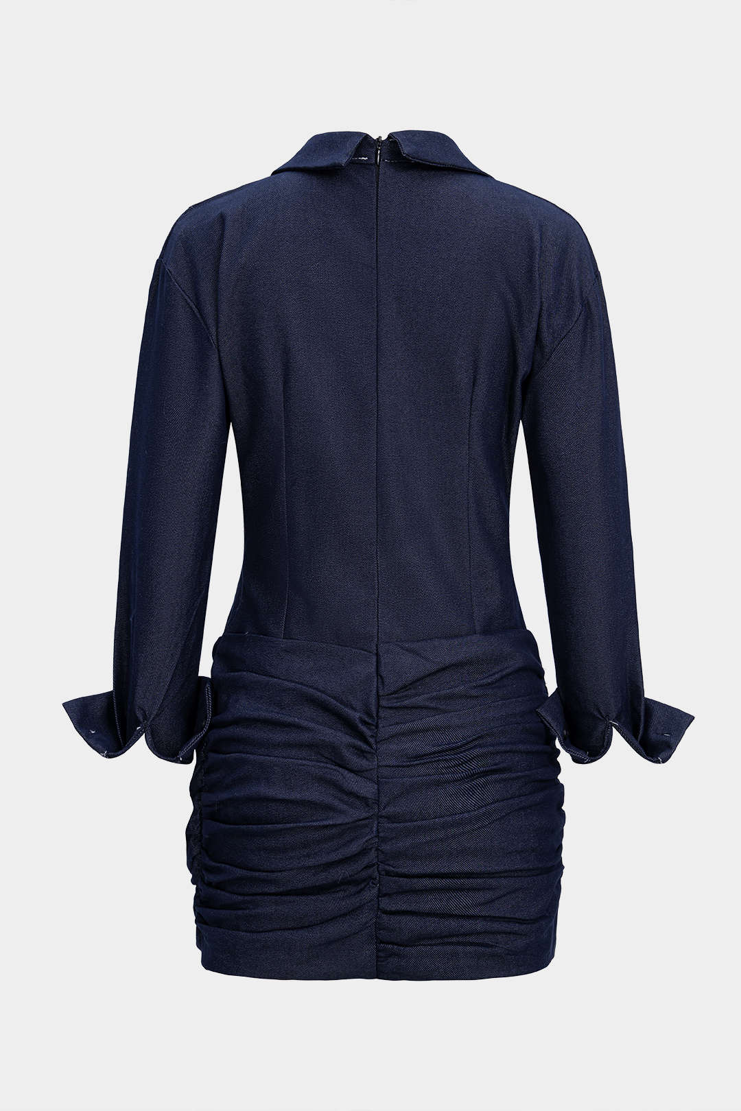 Denim Ruched Asymmetrical Long Sleeve Dress - Weenar