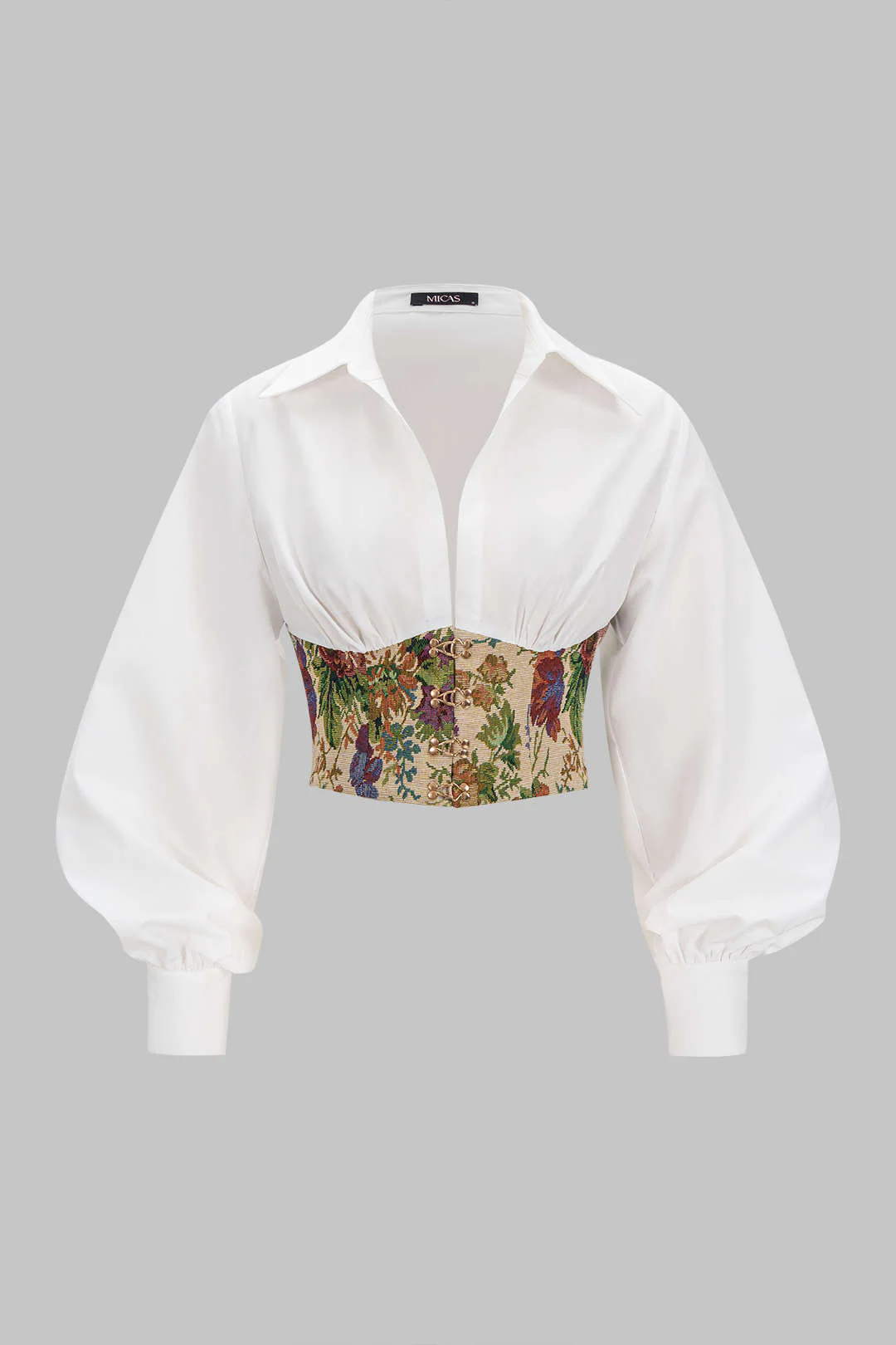 Floral Print Jacquard Ruched Balloon Sleeve Top - Weenar