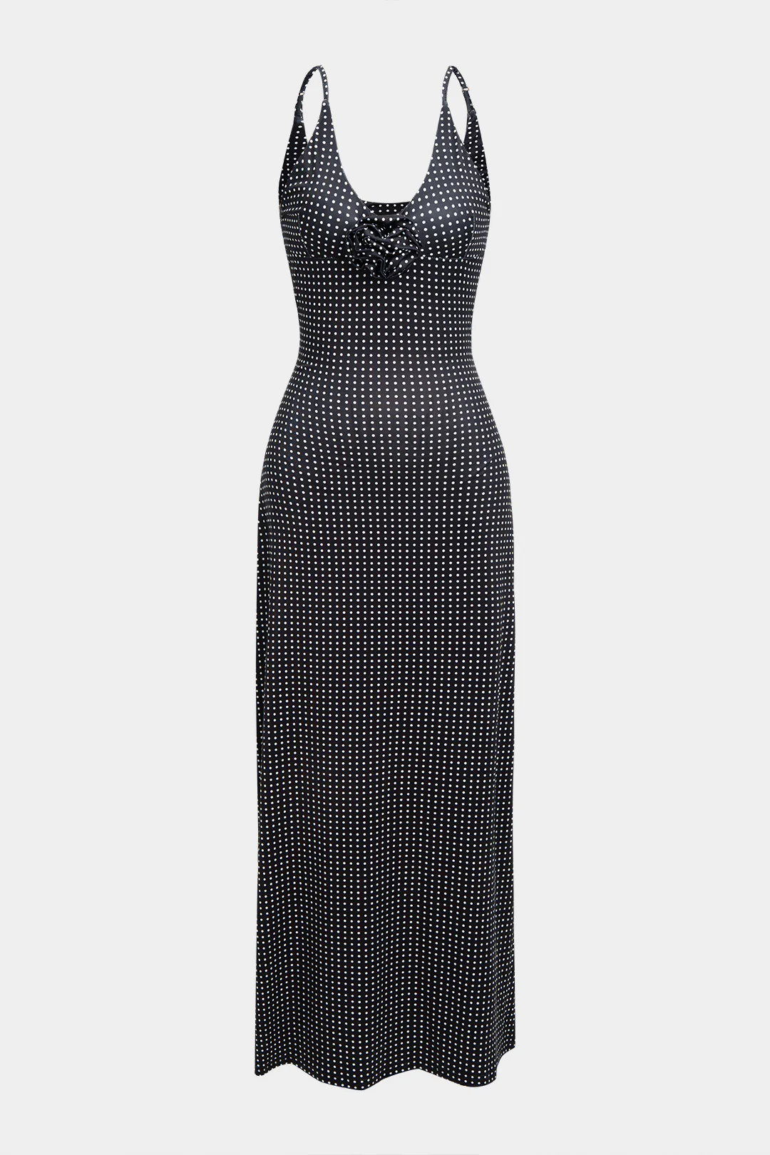 Polka Dots Print V-Neck 3D Flower Slip Sleeveless Maxi Dress - Weenar