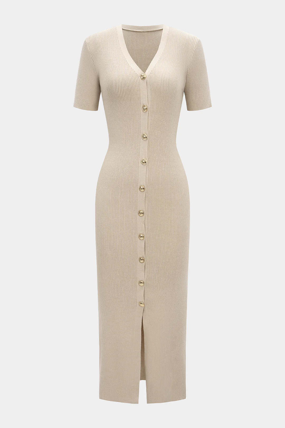 Knit Button V-Neck Short Sleeve Dress - Weenar