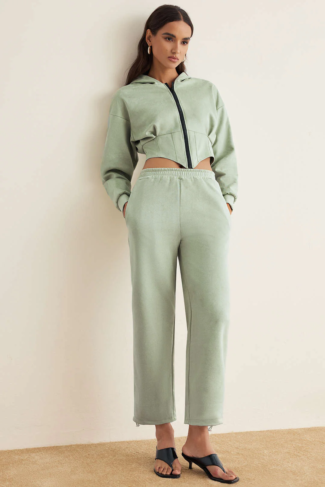 Suede Zipper Waist-Cinching Hoodie And Shirred Waistband Pants Set - Weenar