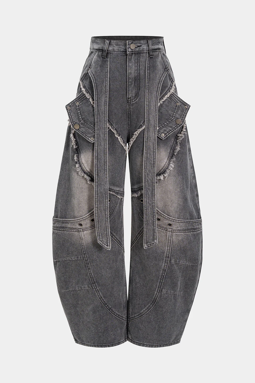 Denim Strappy Frayed Barrel Jeans - Weenar