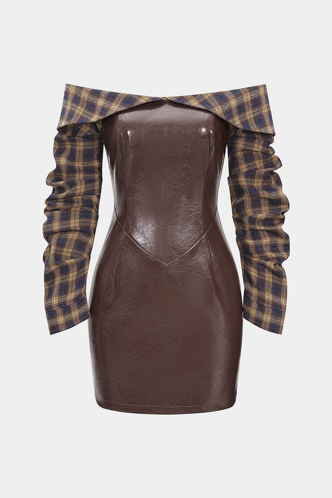 Faux Leather Patchwork Plaid Print Off Shoulder Zipper Long Sleeve Mini Dress - Weenar