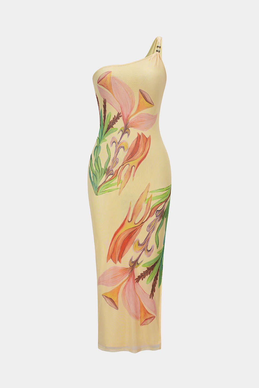 Floral Print Mesh Asymmetrical One Shoulder Twist Knot Sleeveless Midi Dress - Weenar