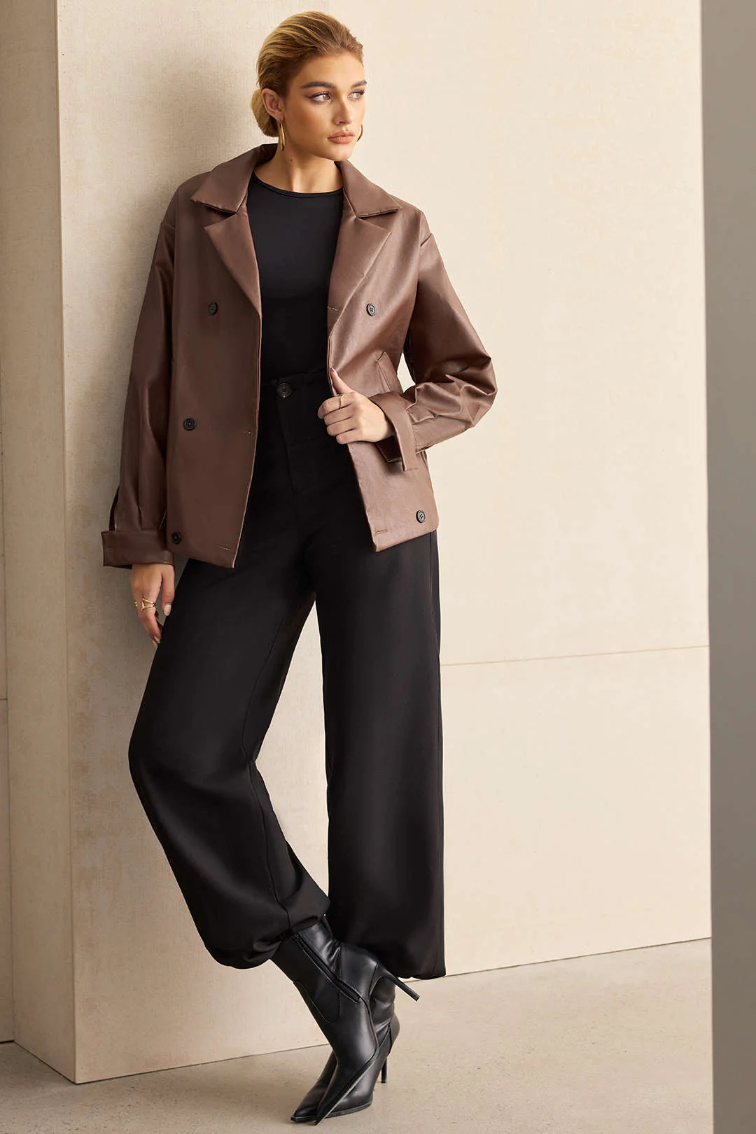 Faux Leather Notched Lapel Blazer - Weenar