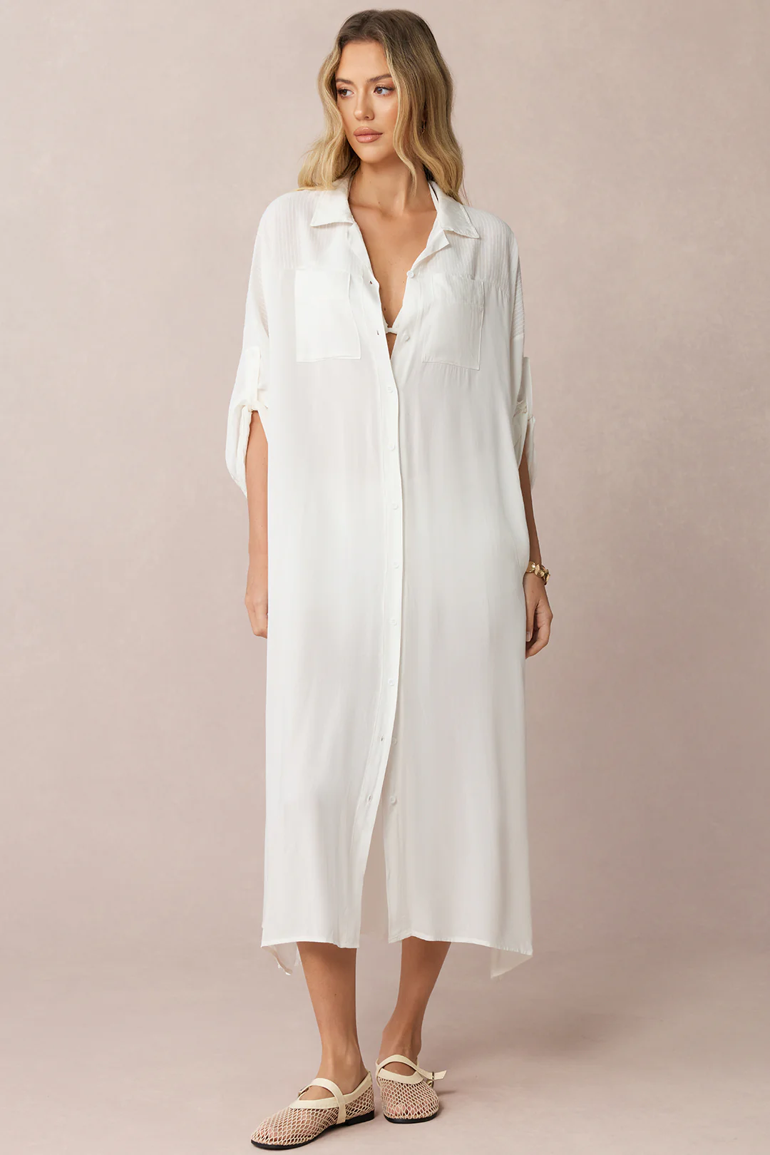 Lapel Button Long Sleeve Cover Up - Weenar