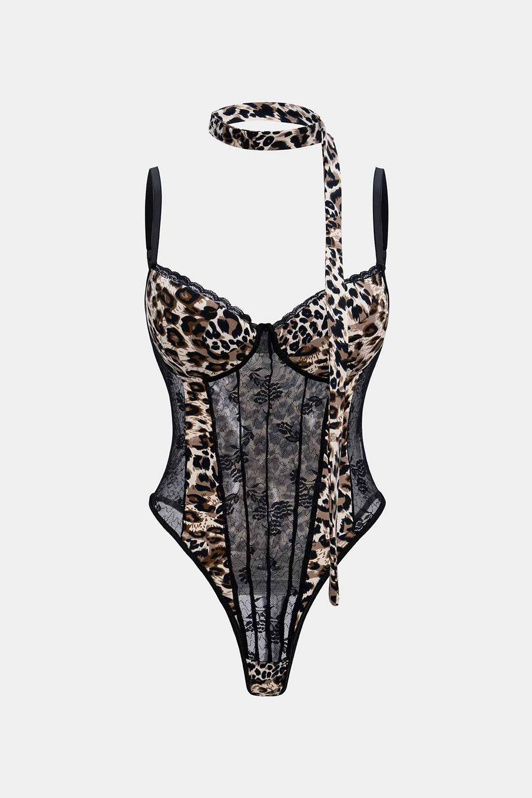 Leopard Print Sheer Lace Trim Sleeveless Bodysuit - Weenar