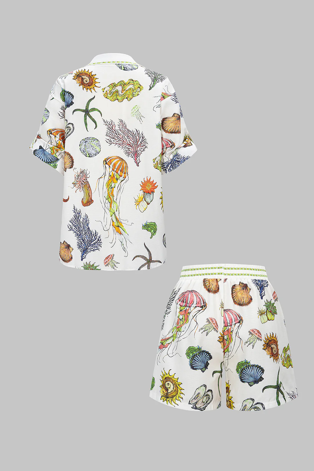 Ocean Print Button Short Sleeve Shirt And Shirred Waistband Shorts Set - Weenar