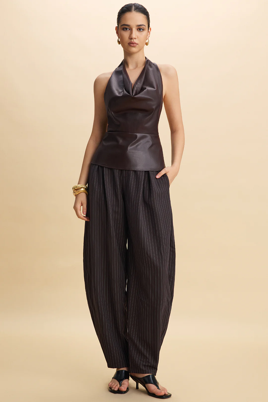 Stripes Print Ruched Barrel Trousers - Weenar