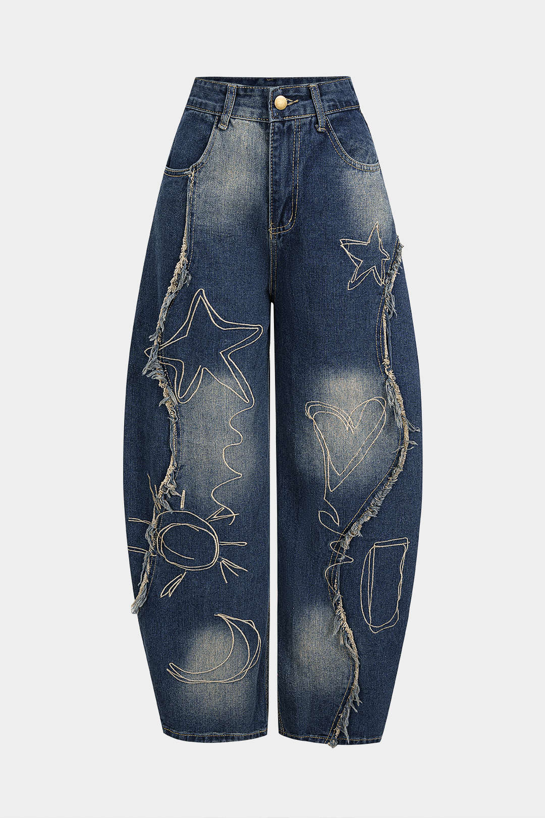 Denim Geometric Pattern Frayed Pocket Straight Leg Jeans - Weenar