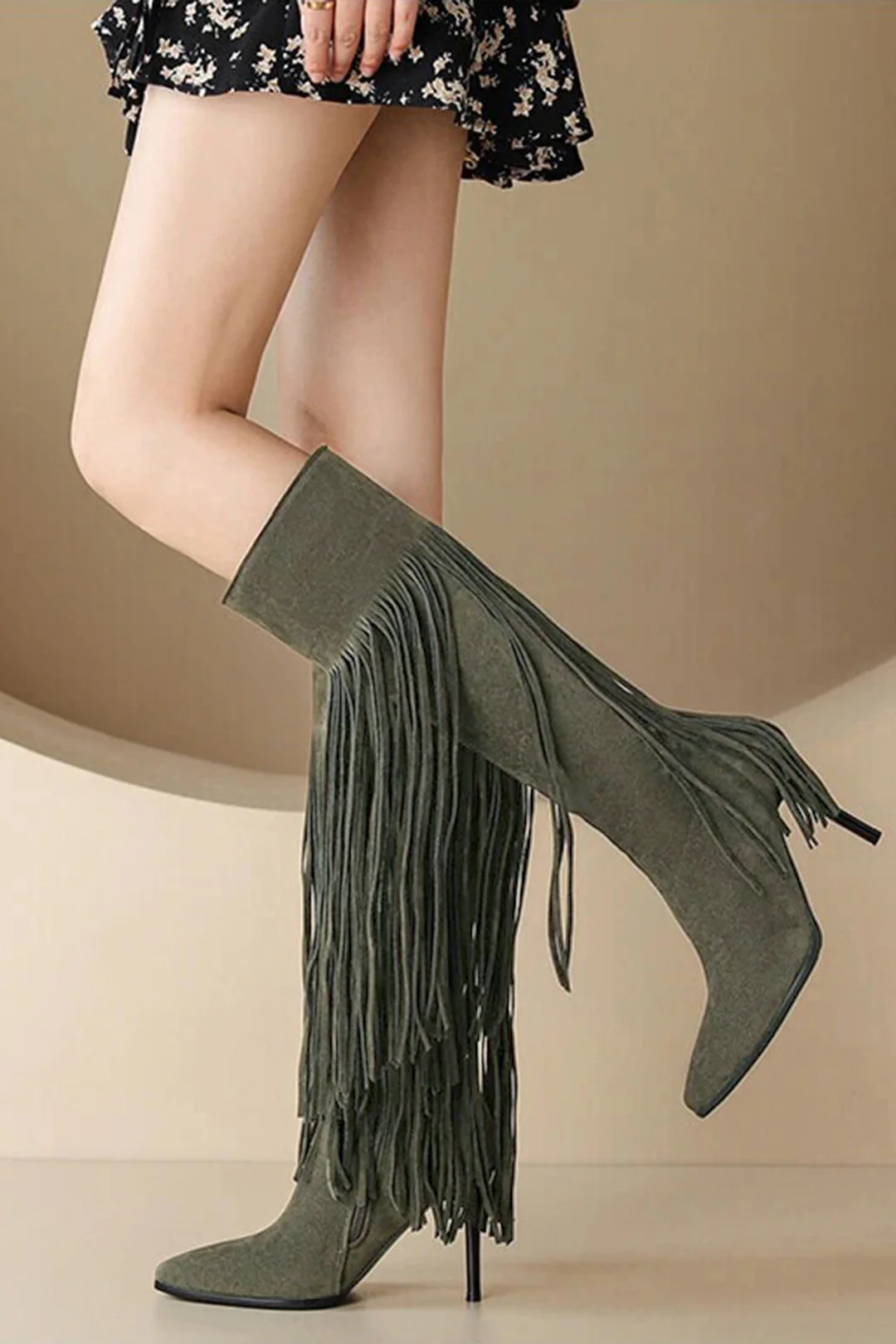 Faux Suede Fringe Pointed Mid Calf Boots - Weenar