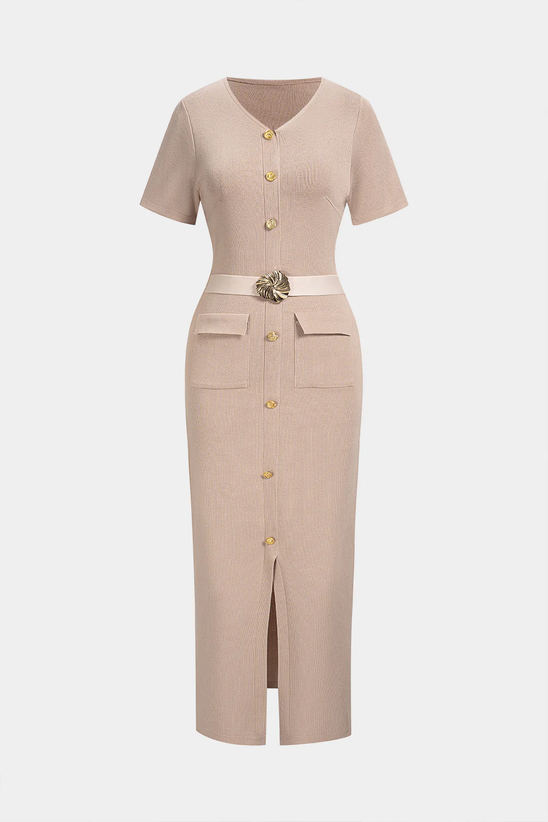 Knit V-Neck Metallic Button Short Sleeve Dress - Weenar