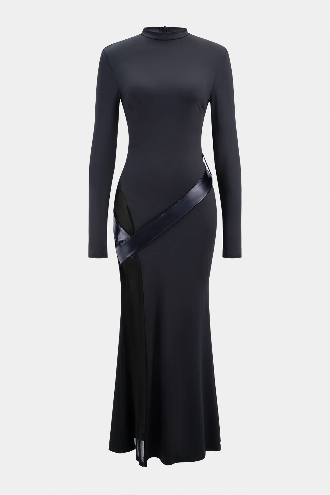 Round Neck Patchwork Zipper Long Sleeve Maxi Dress - Weenar