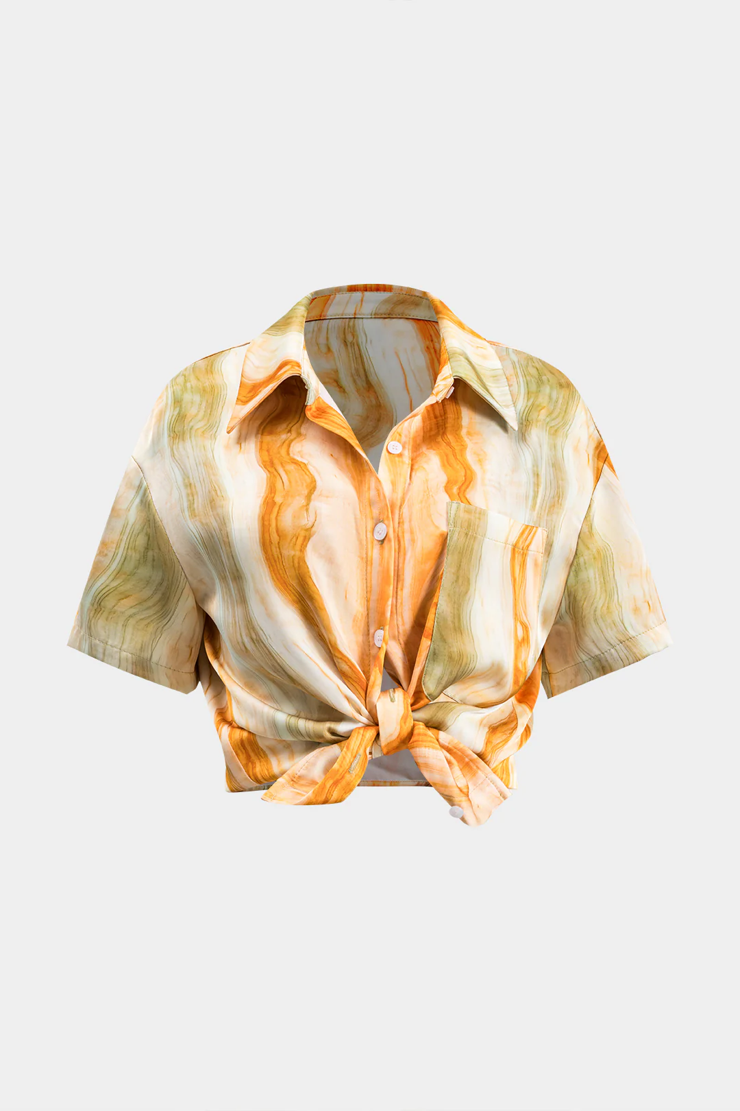 Marble Print Tie Front Button Pocket Short-Sleeve Shirt - Weenar