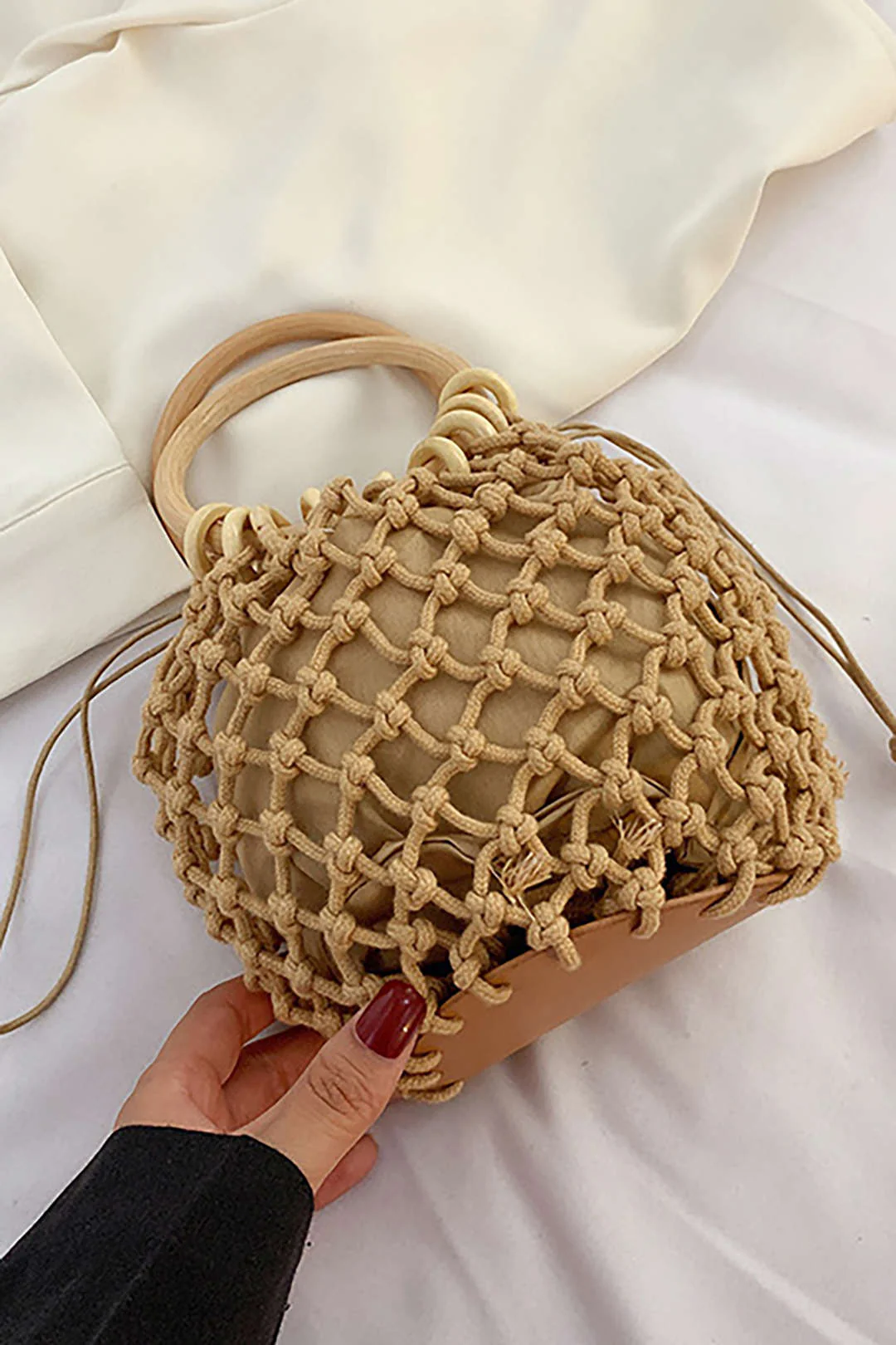 Woven Wooden Handle Tote Bag - Weenar