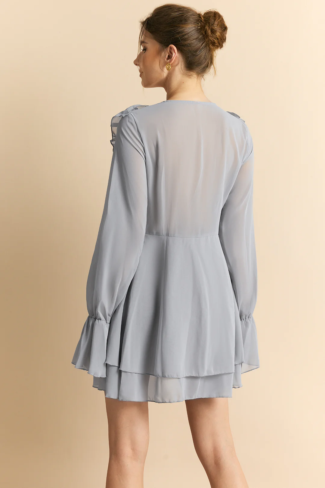 Chiffon Ruffle Tie-Up Bell Sleeve V-Neck Long Sleeve Mini Dress - Weenar