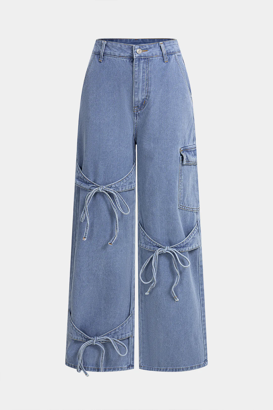 Denim Bow Tie-Up Straight Leg Jeans - Weenar