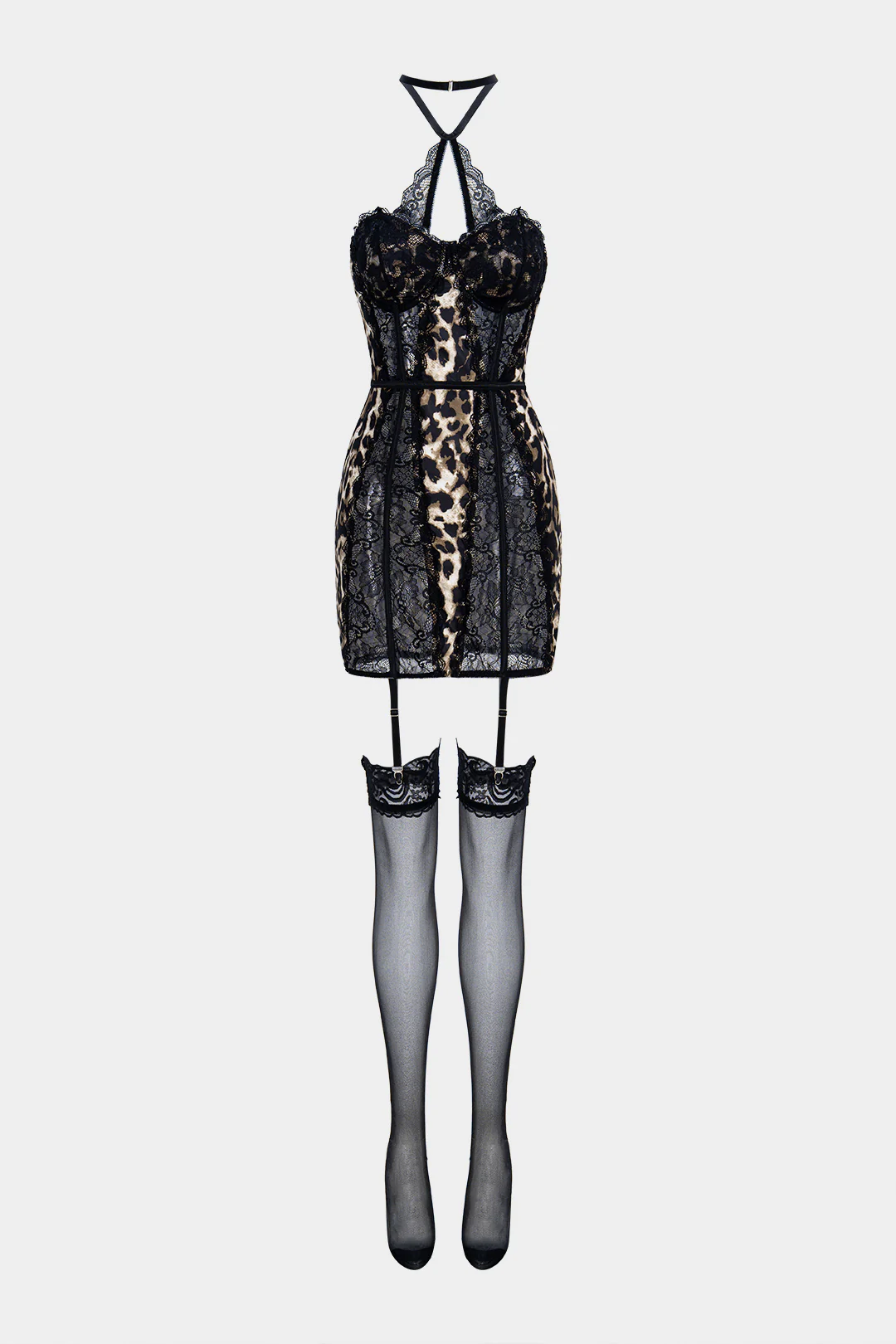 Leopard Print Lace Patchwork Cut Out Sleeveless Mini Dress - Weenar