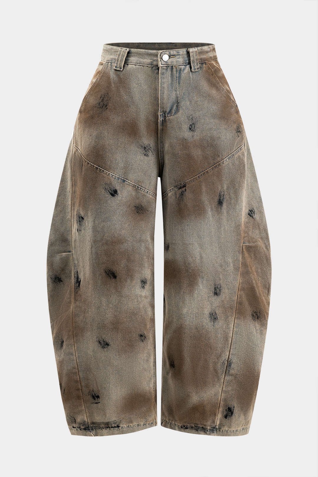 Plus Size Tie Dye Print Denim Ruched Button Pocket Wide Leg Jeans - Weenar