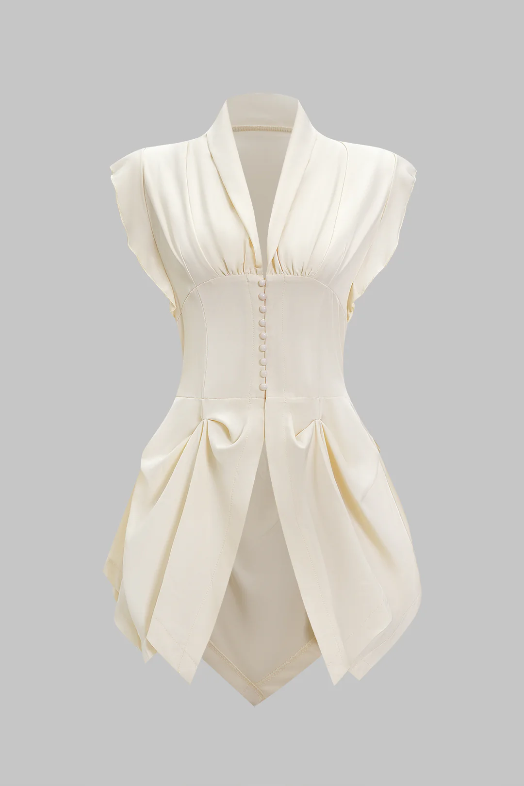 V-Neck Ruched Flutter Sleeve Button Corset Waist Tie-Back Shirt - Weenar