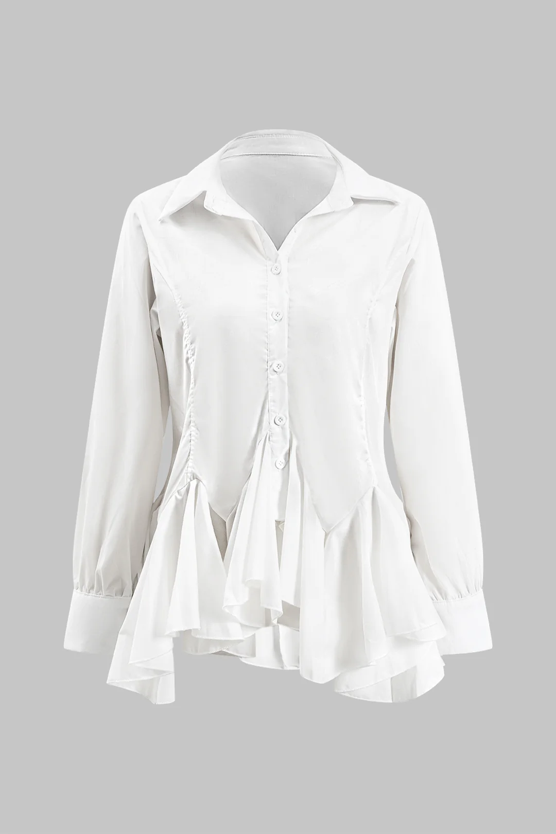 Chiffon Ruched Asymmetrical Ruffle Hem Long-Sleeve Shirt - Weenar