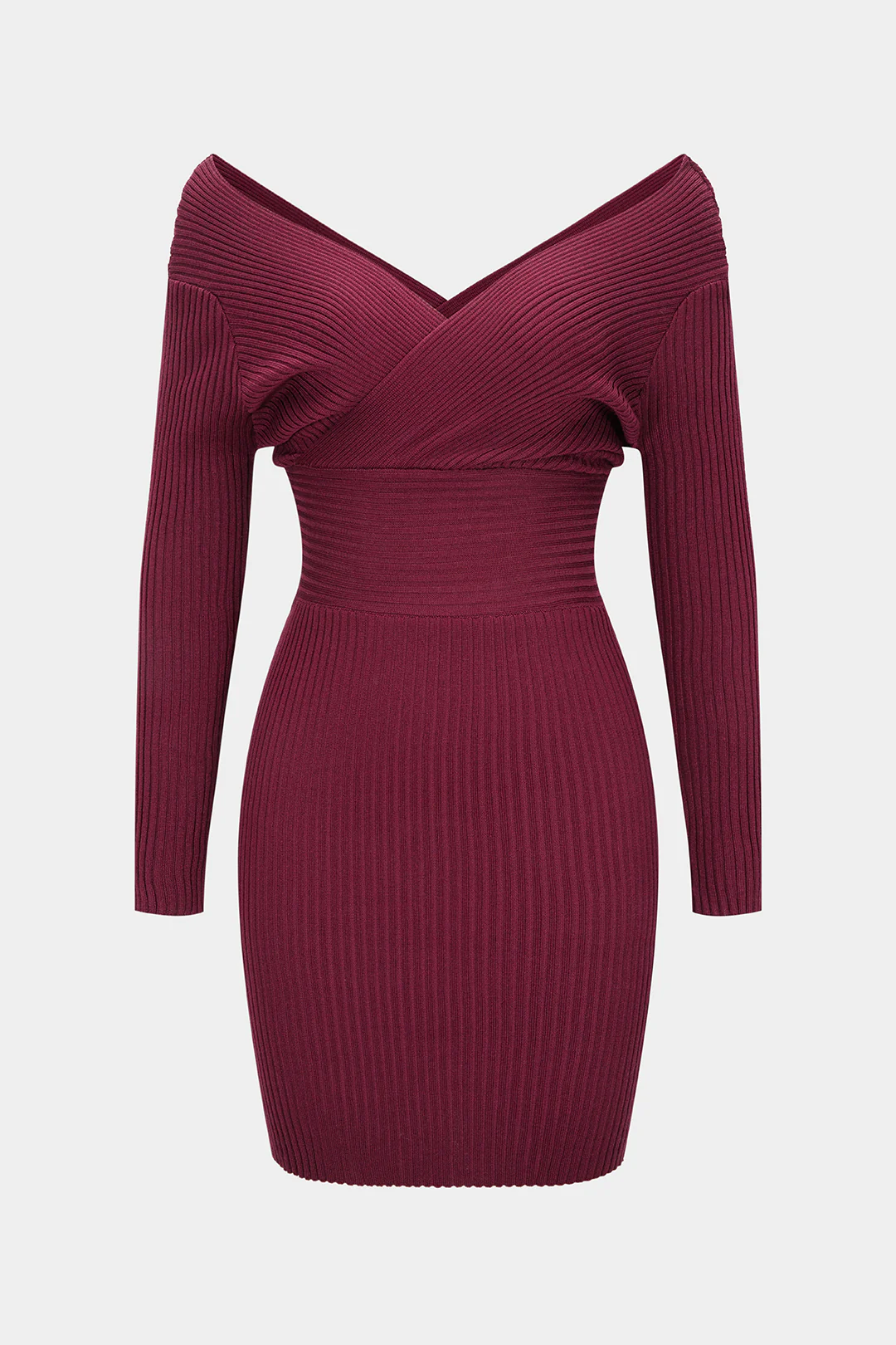 Knit V-Neck Crossed Long Sleeve Dress - Weenar