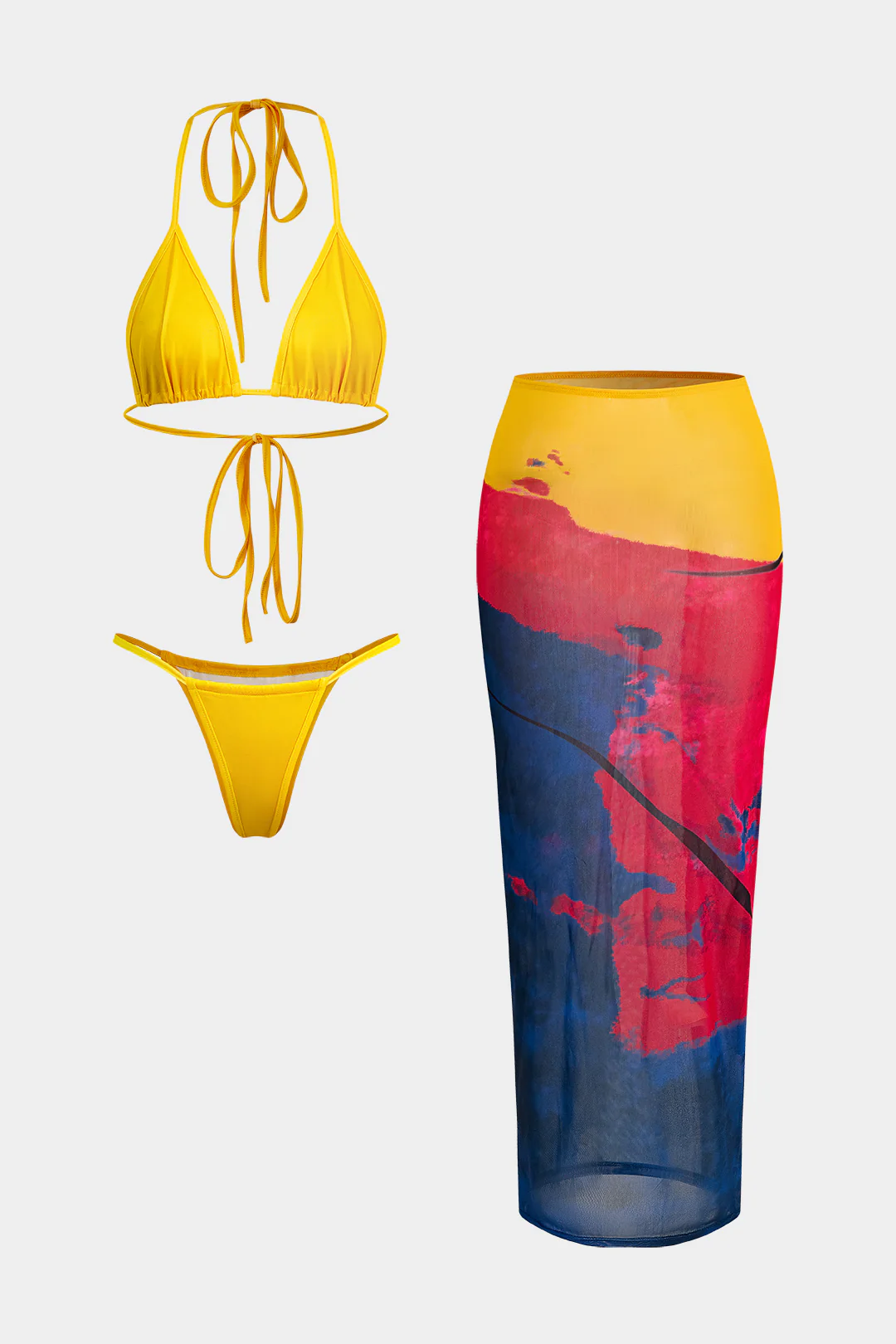 Halter Wrap Cover Up Three-Piece Bikini Set - Weenar