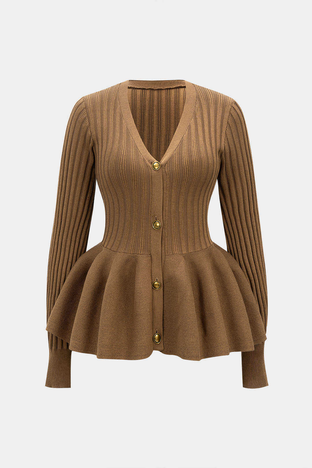 Knit V-Neck Puff Hem Ribbed Long-Sleeve Top - Weenar