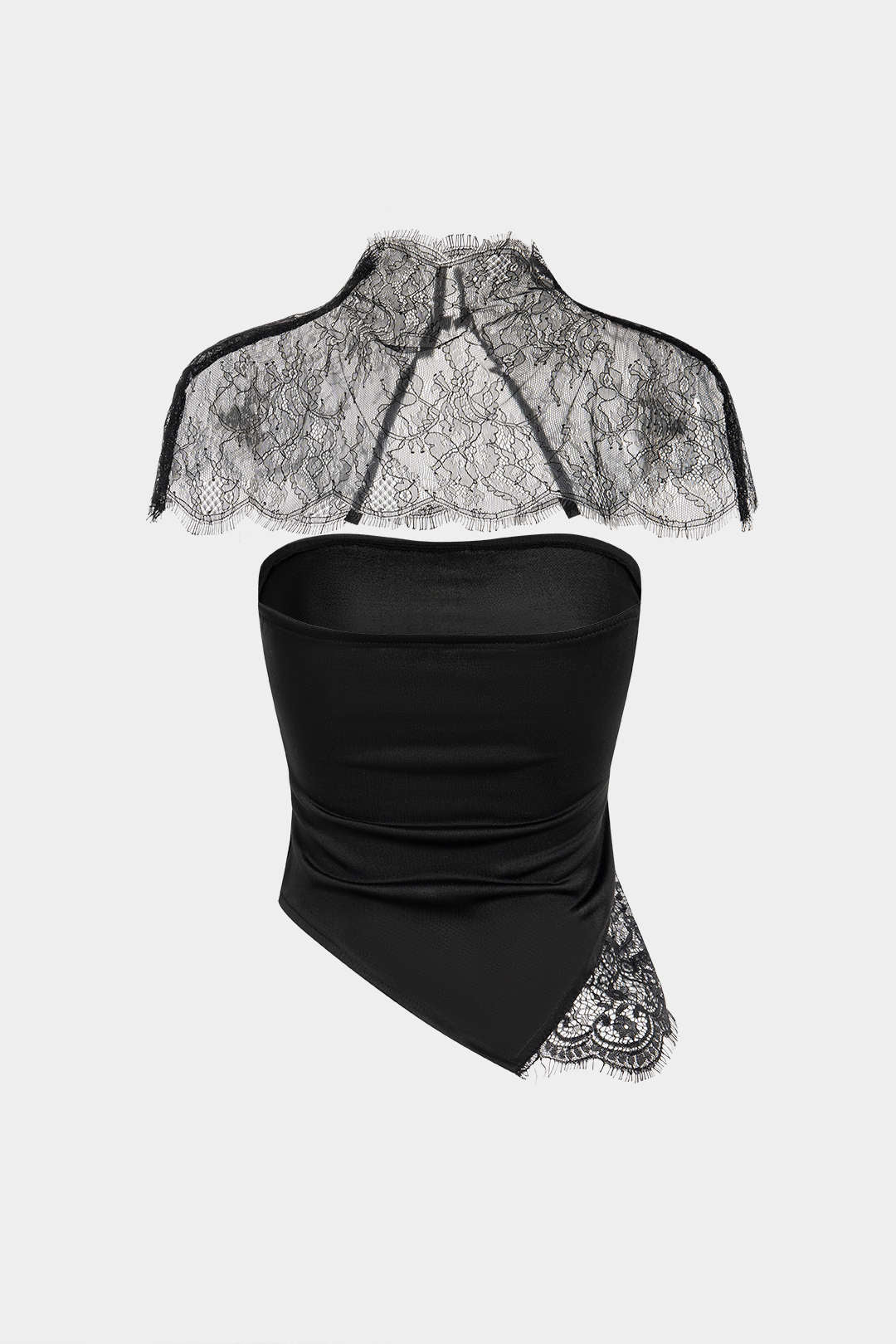 Lace Trim Patchwork Asymmetrical Tube Top With Sheer Shawl - Weenar