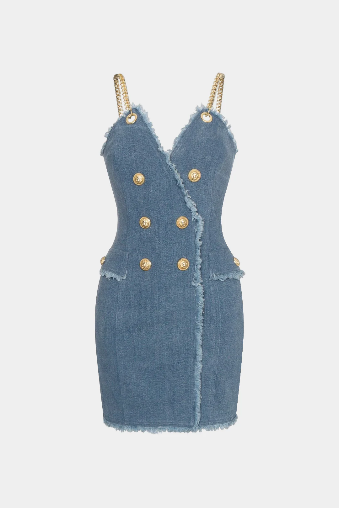 Denim Metallic Chain V-Neck Button Frayed Zipper Sleeveless Dress - Weenar