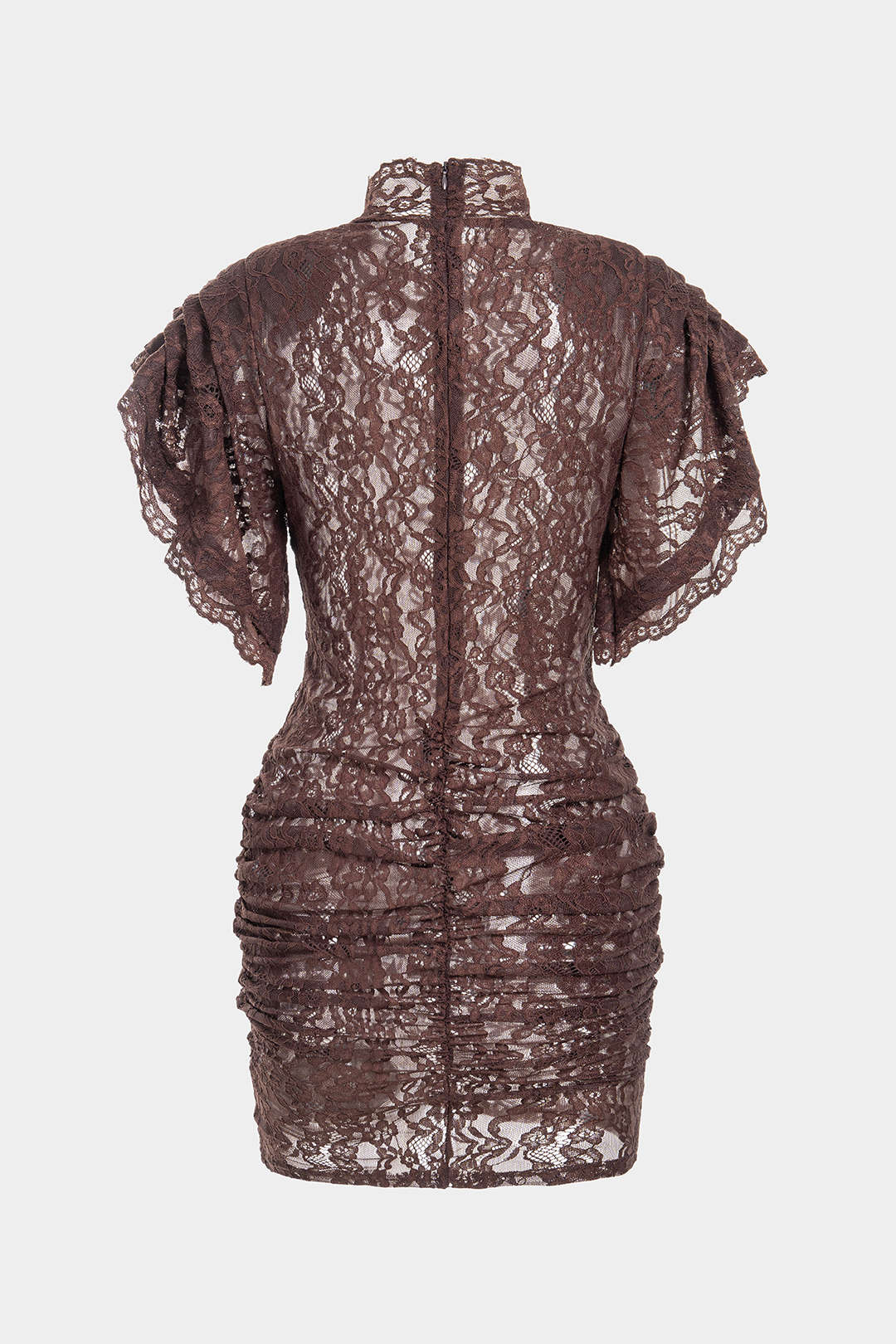 Sheer Lace Mock Neck Ruched Short Sleeve Mini Dress - Weenar