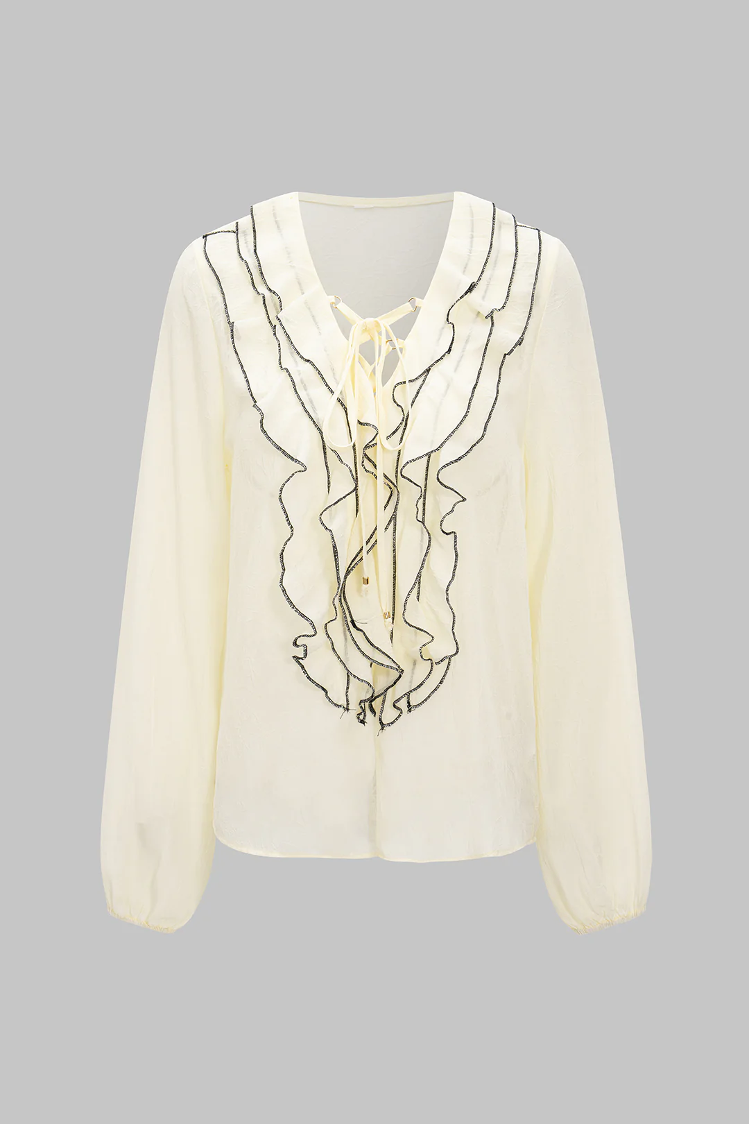 Chiffon Scallop Edge Tie Up Long-Sleeve Shirt - Weenar