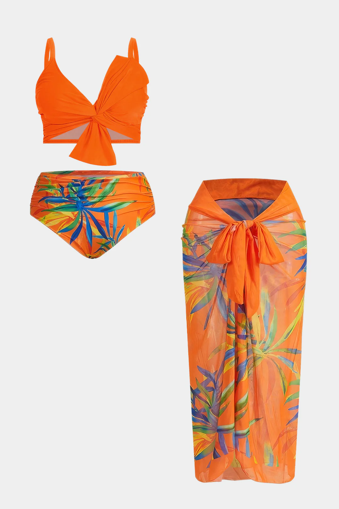 Plus Size 3D Floral Branches Print Knotted Bikini Set - Weenar