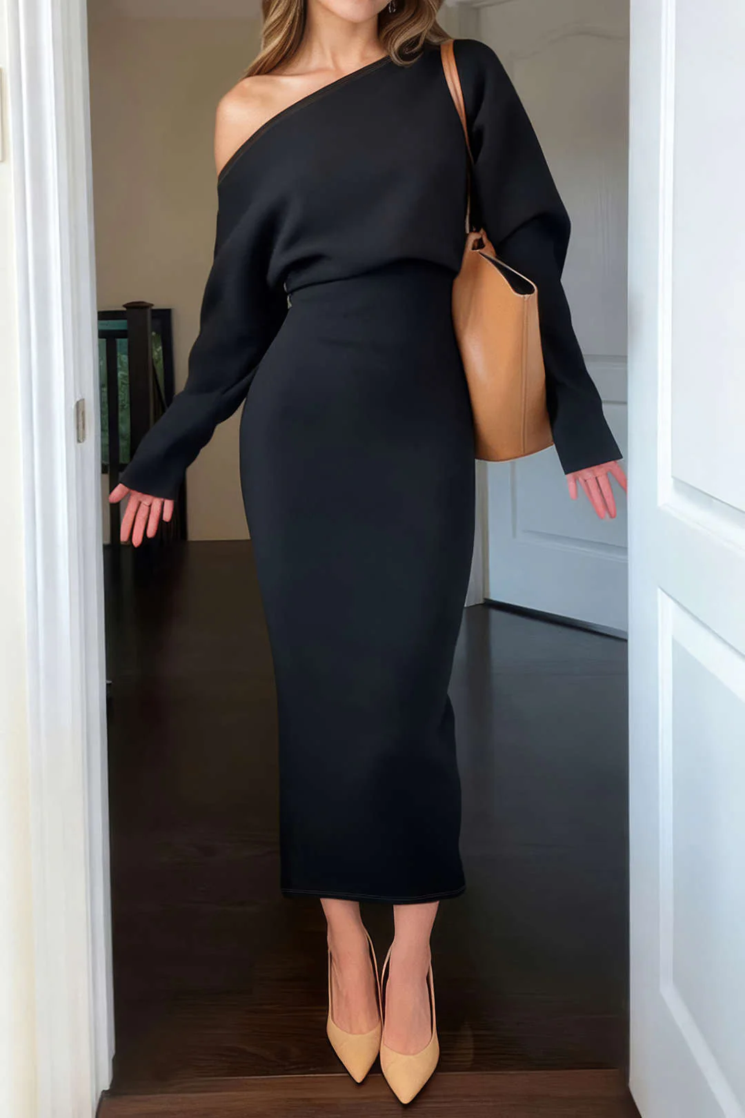 One Shoulder Long Sleeve Midi Dress - Weenar