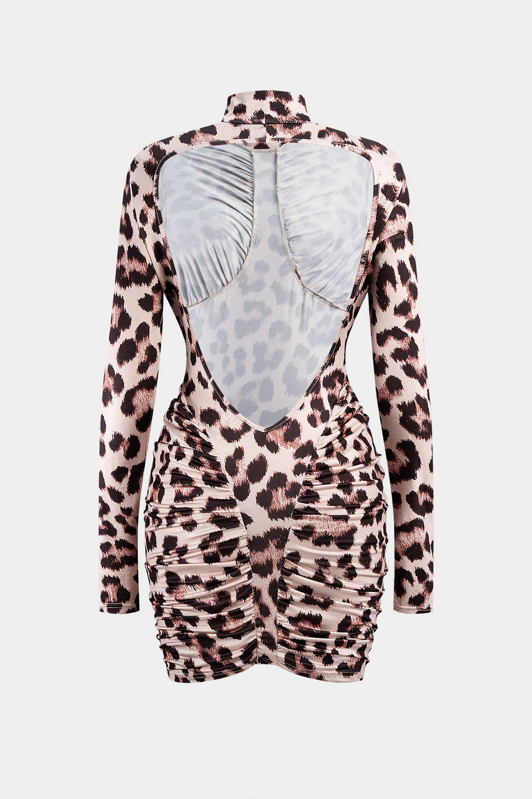 Mocke Neck Leopard Print Backless Ruched Long Sleeve Mini Dress - Weenar