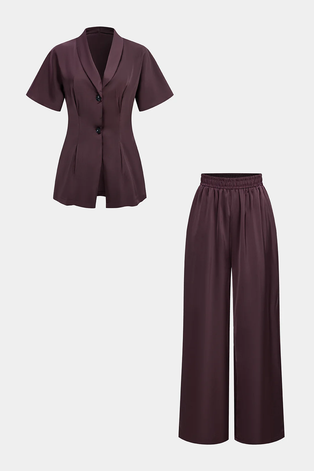 Satin V-Neck Short-Sleeve Top And High-Waist Wide-Leg Pants Set - Weenar