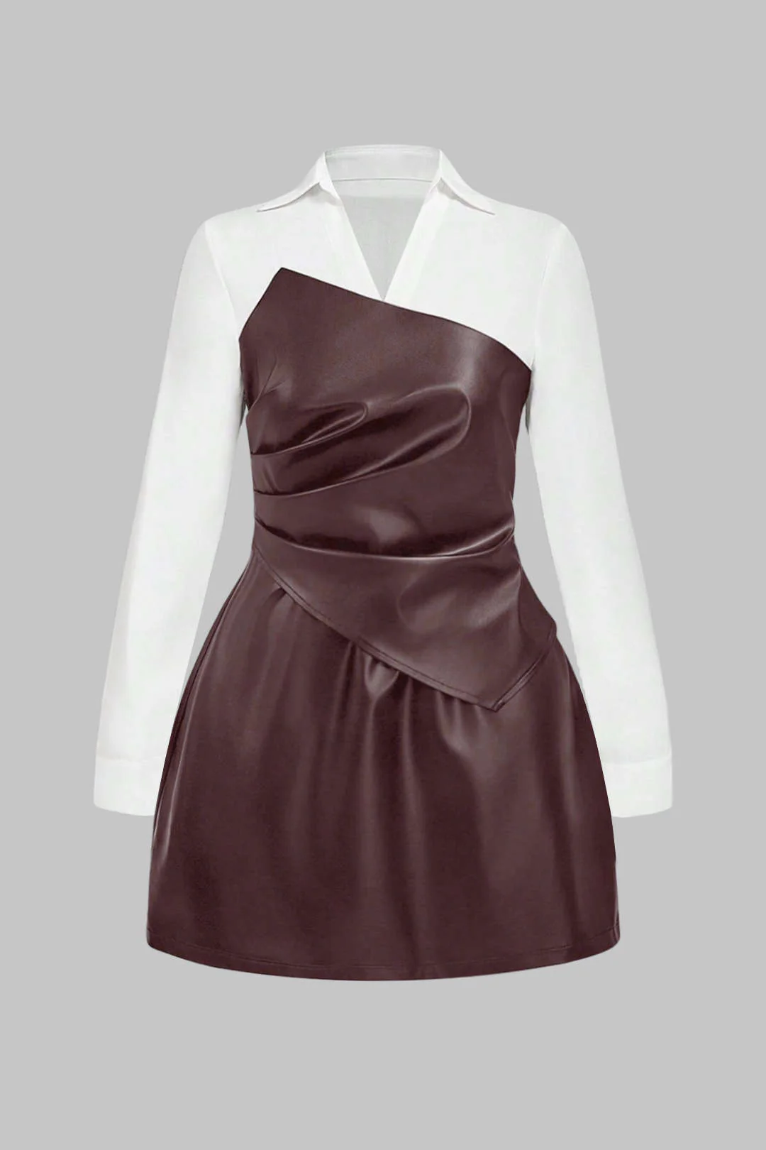 Plus Size Faux Leather Patchwork V-Neck Ruched Long Sleeve Mini Dress - Weenar