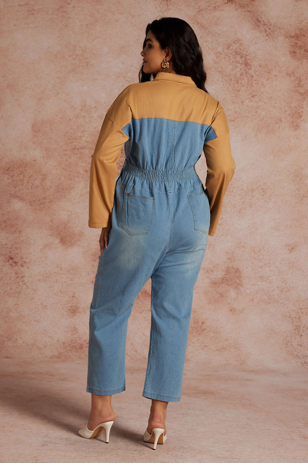 Plus Size Color Block Long Sleeve Jumpsuit - Weenar