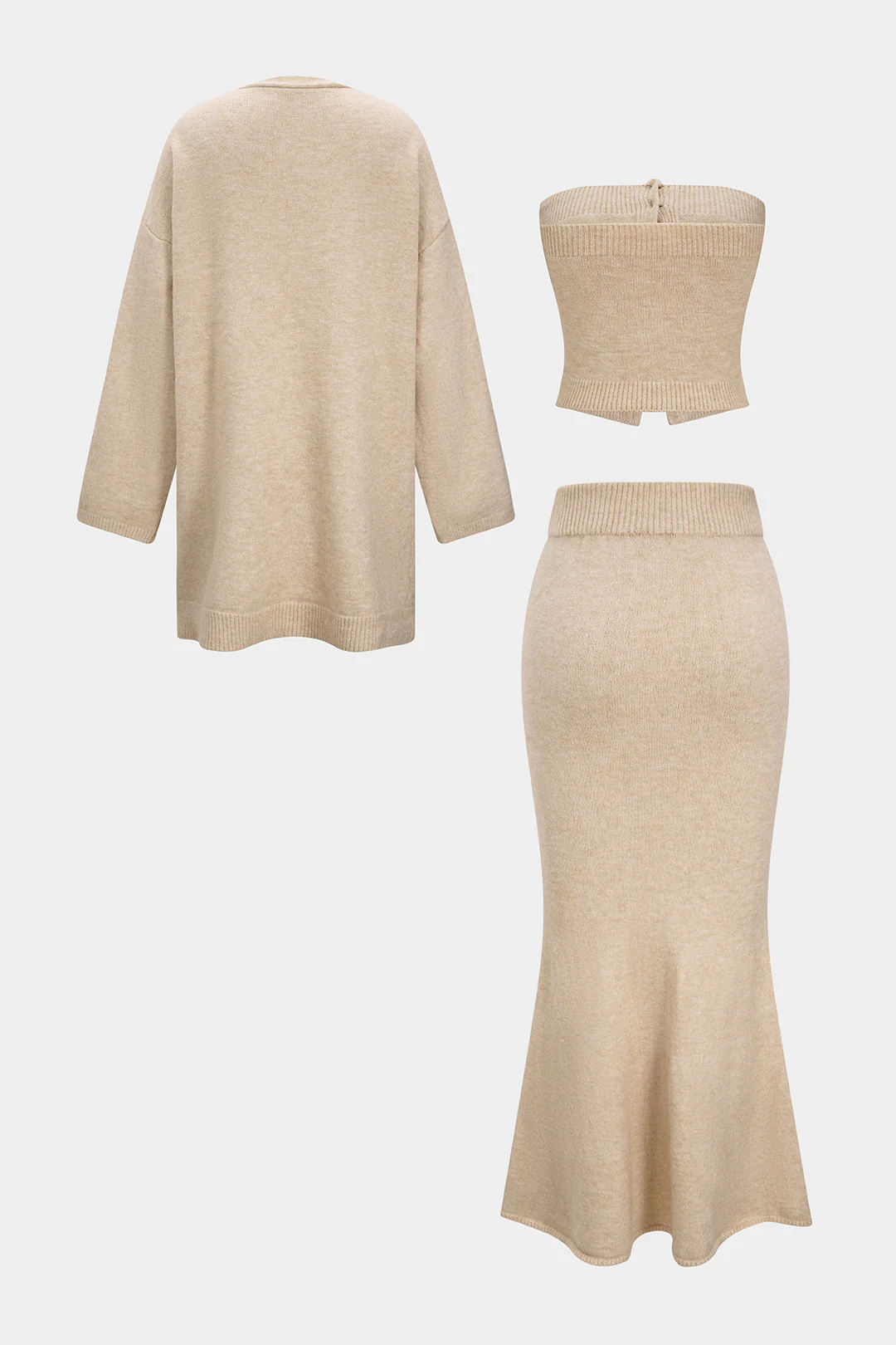 Knit Long Cardigan And Button Strapless Tube Top And Skirt Set - Weenar